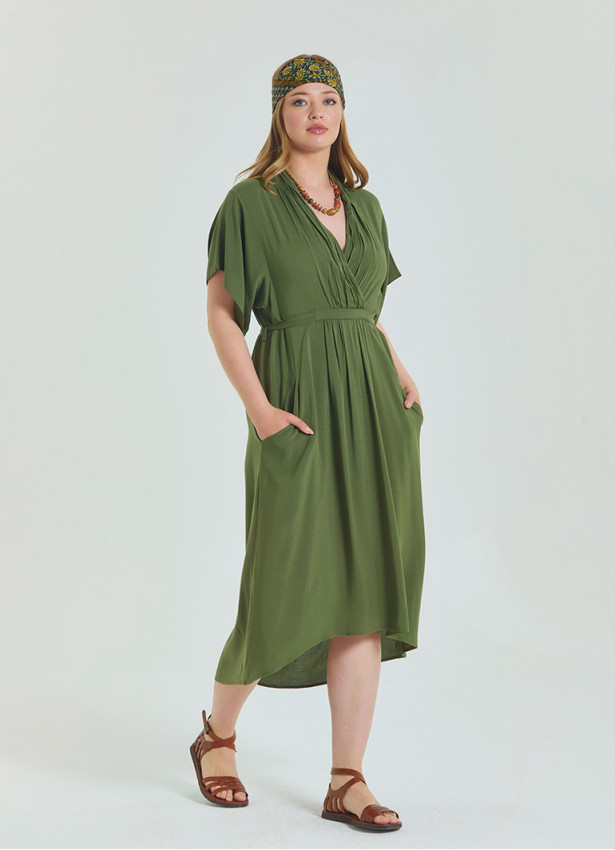 V Neck Pleated Detail Khaki Casual Plus Size Dress 4607